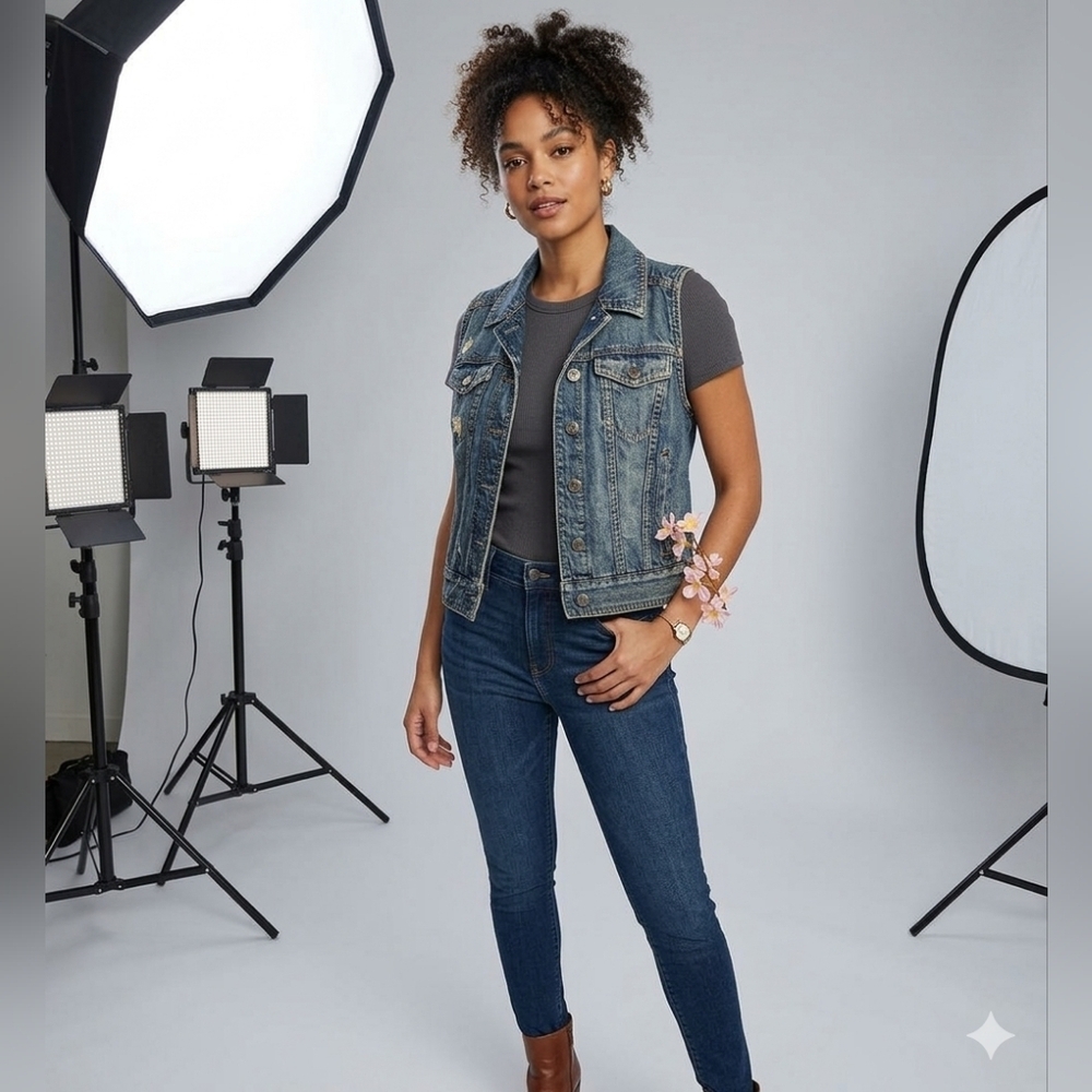 Express Jeans Distressed Denim Vest - Medium Wash Vintage Style - Small - Picture 2 of 12